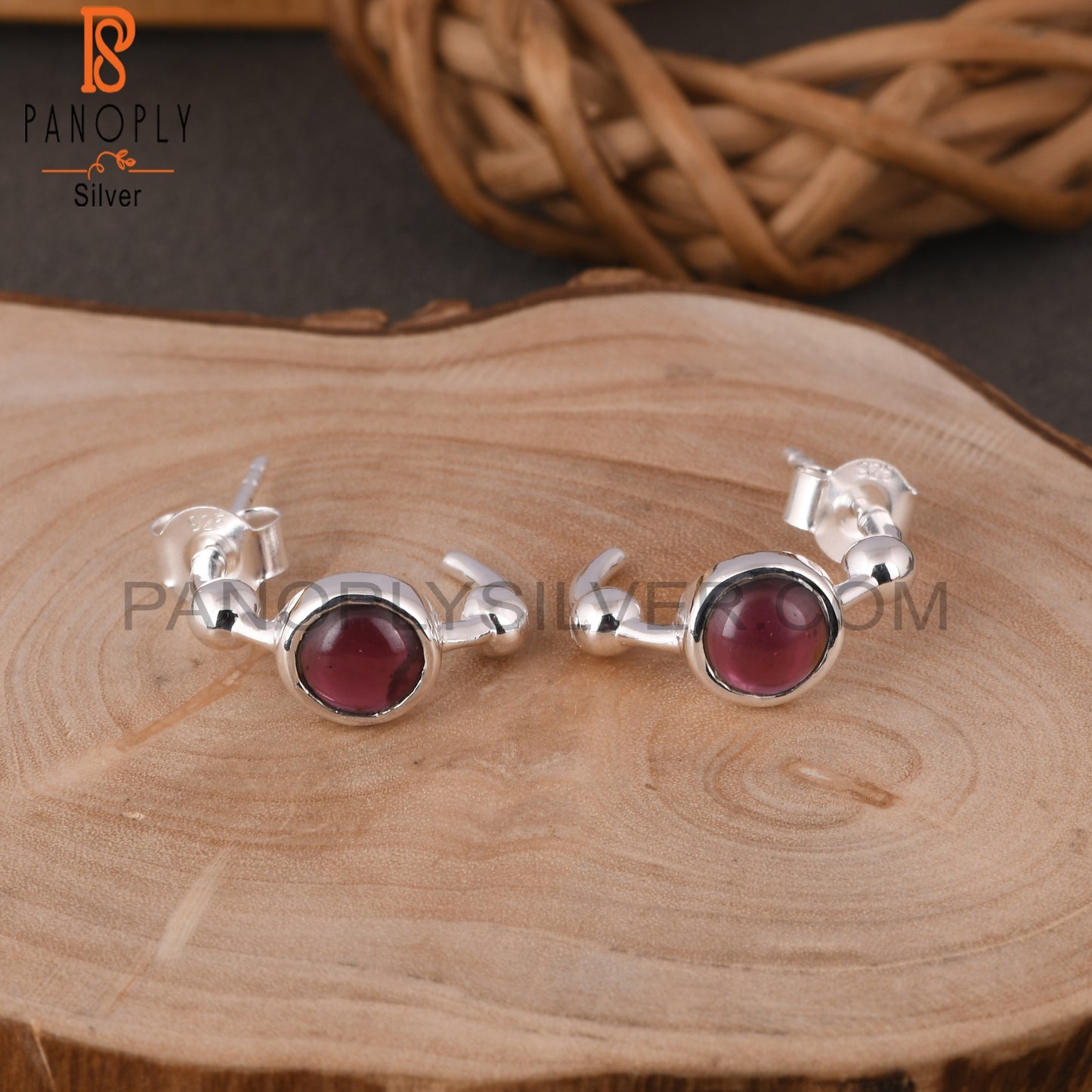 Bali Stud Garnet Round 925 Sterling Silver Earrings