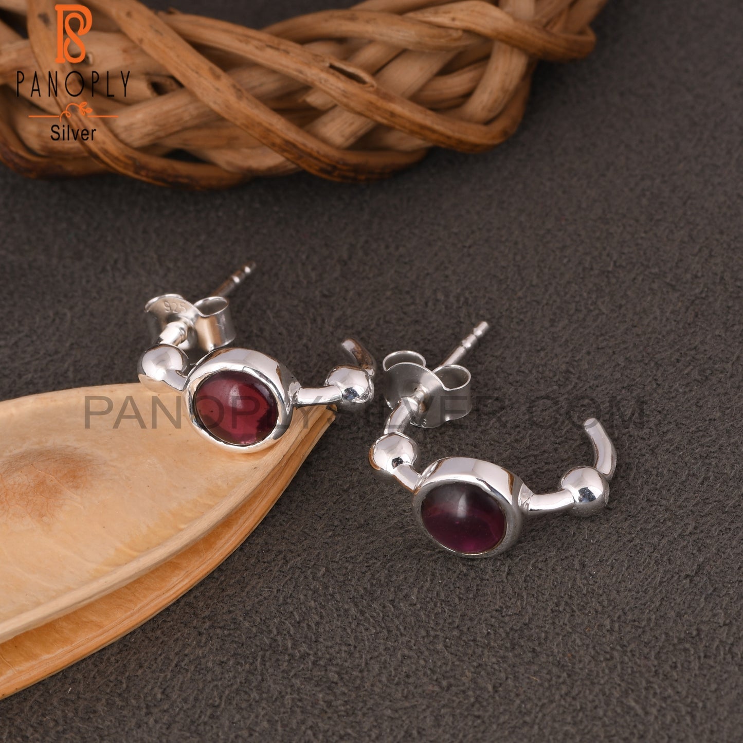Bali Stud Garnet Round 925 Sterling Silver Earrings