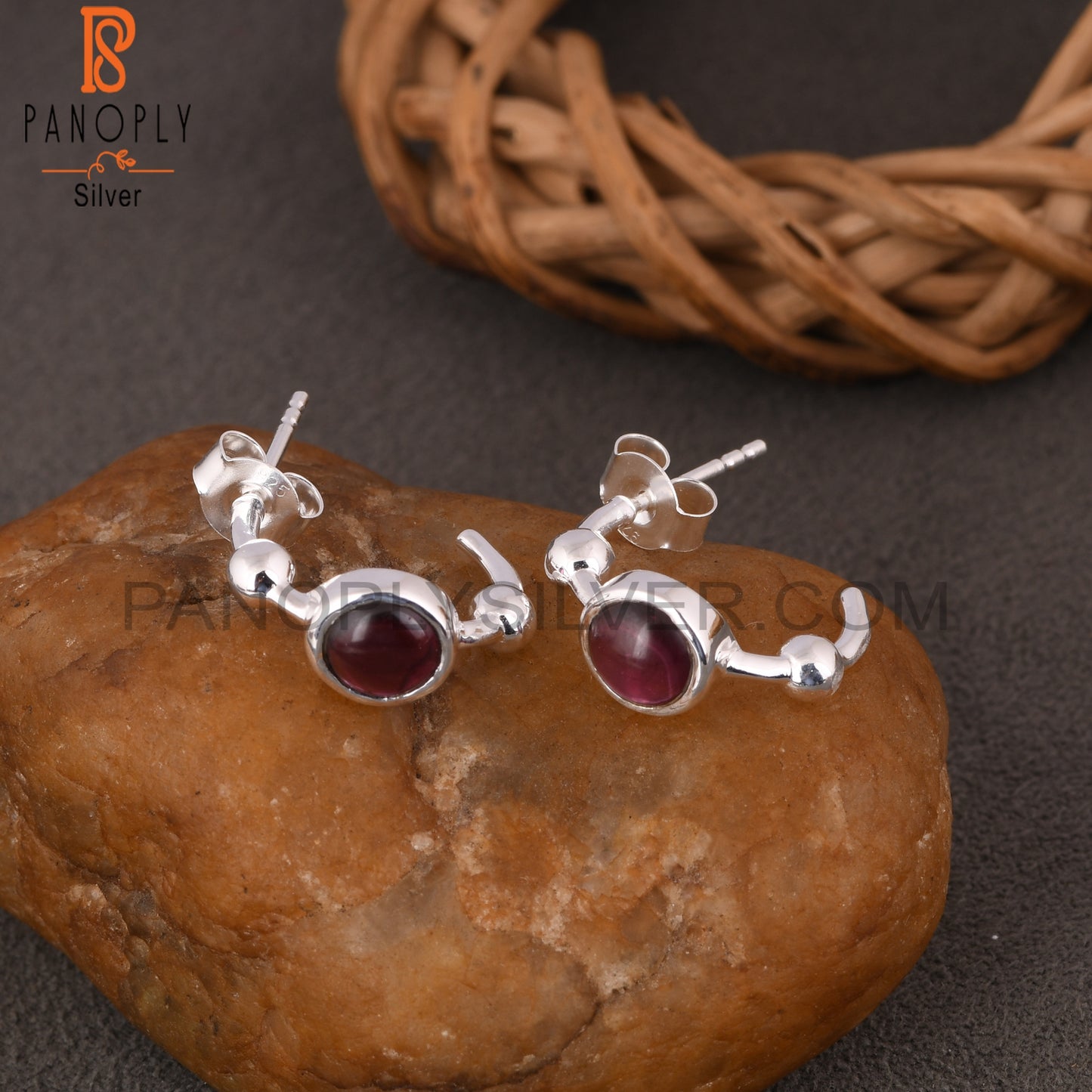 Bali Stud Garnet Round 925 Sterling Silver Earrings