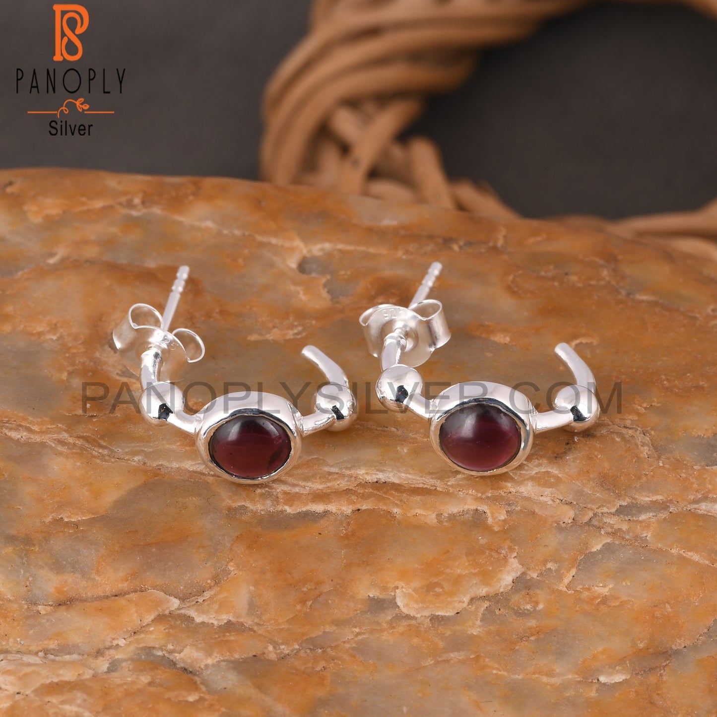 Bali Stud Garnet Round 925 Sterling Silver Earrings