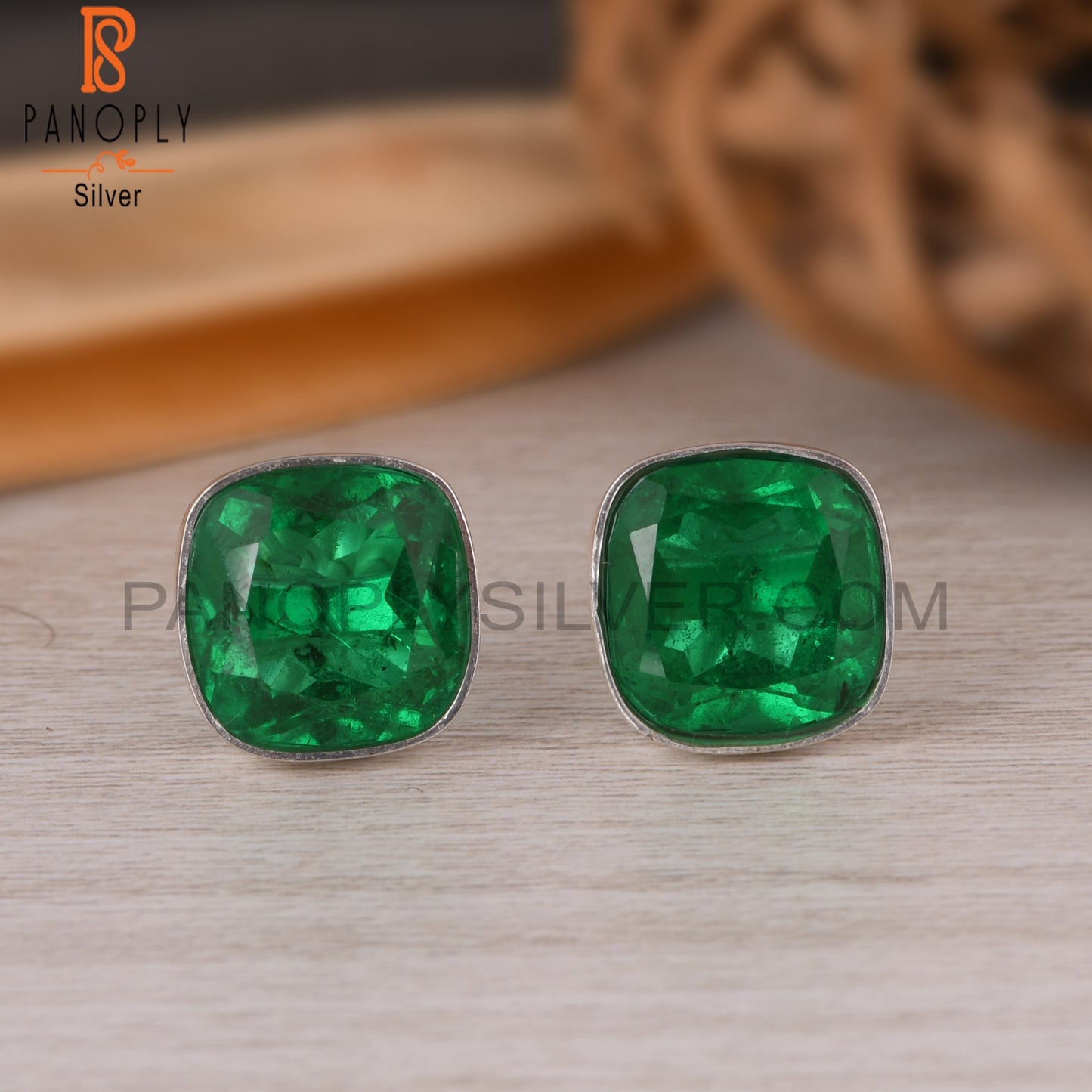 Doublet Zambian Emerald Quartz Cushion 925 Silver Earrings