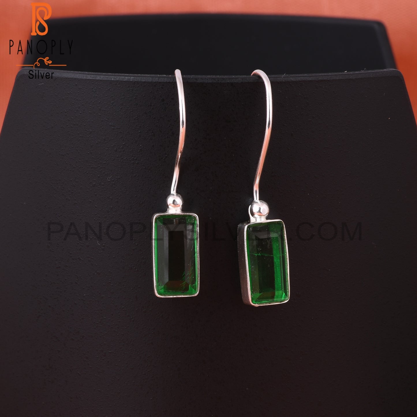 Doublet Zambian Emerald Quartz Baguette 925 Silver Earrings