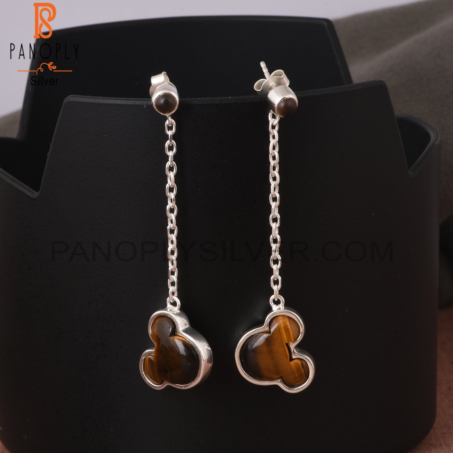 Tiger Eye Yellow, Smoky Mouse 925 Silver Long Earrings