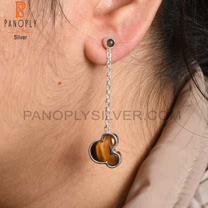Tiger Eye Yellow, Smoky Mouse 925 Silver Long Earrings