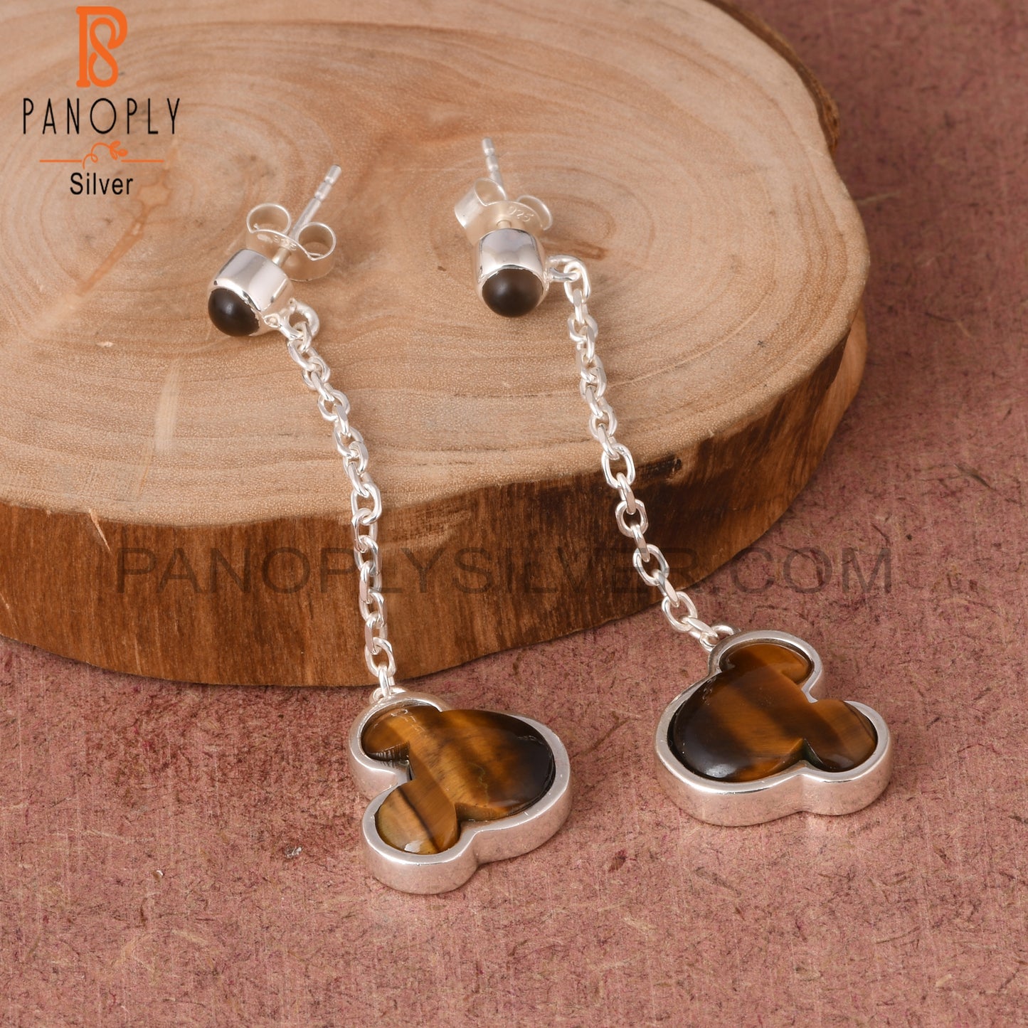 Tiger Eye Yellow, Smoky Mouse 925 Silver Long Earrings
