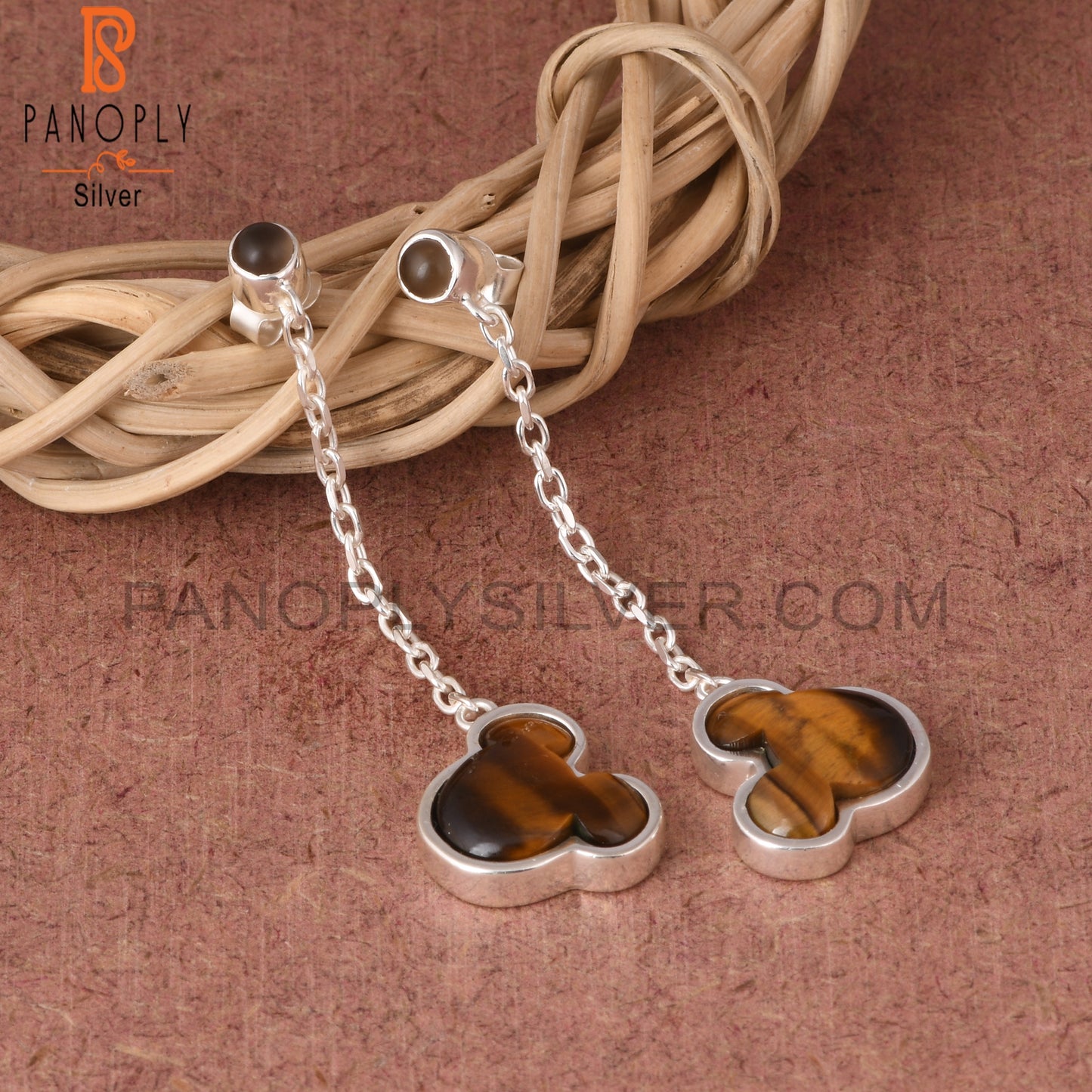 Tiger Eye Yellow, Smoky Mouse 925 Silver Long Earrings