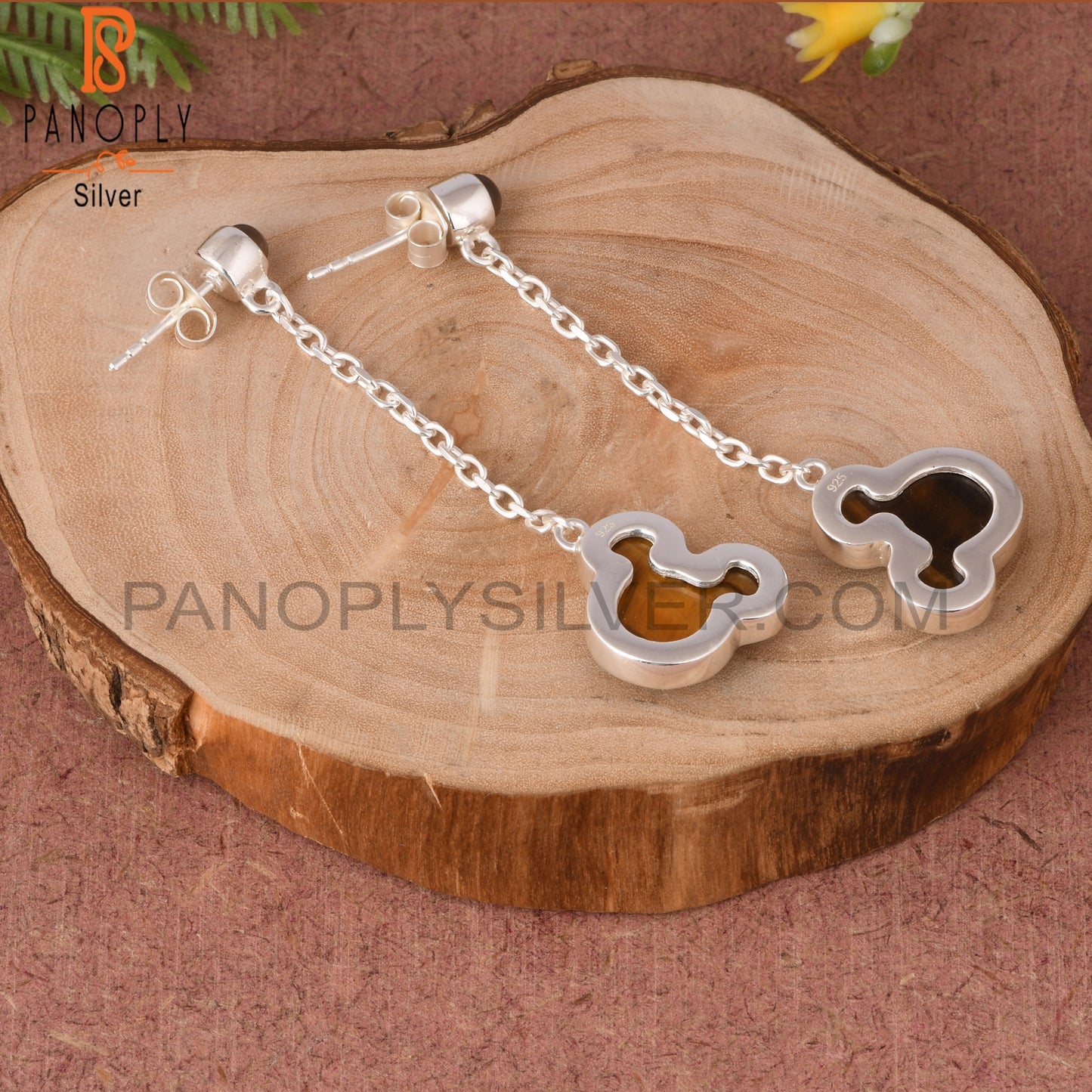 Tiger Eye Yellow, Smoky Mouse 925 Silver Long Earrings
