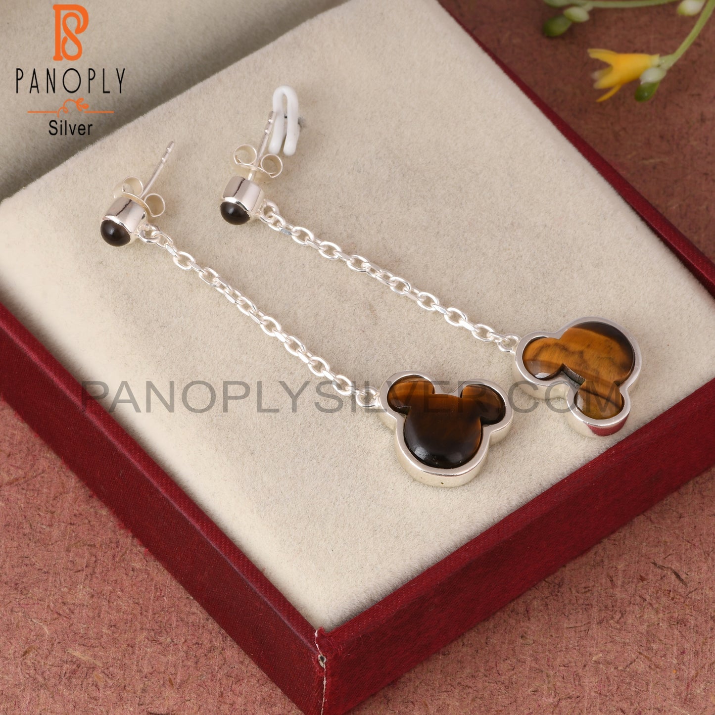 Tiger Eye Yellow, Smoky Mouse 925 Silver Long Earrings