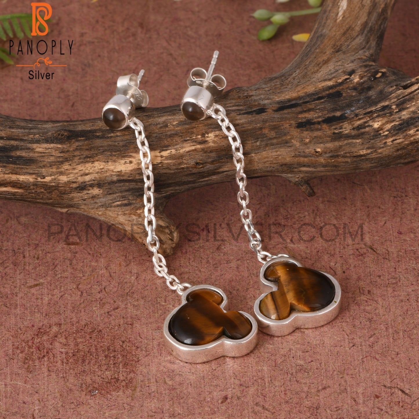 Tiger Eye Yellow, Smoky Mouse 925 Silver Long Earrings