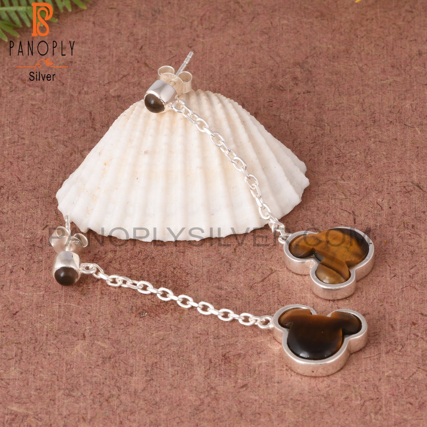 Tiger Eye Yellow, Smoky Mouse 925 Silver Long Earrings