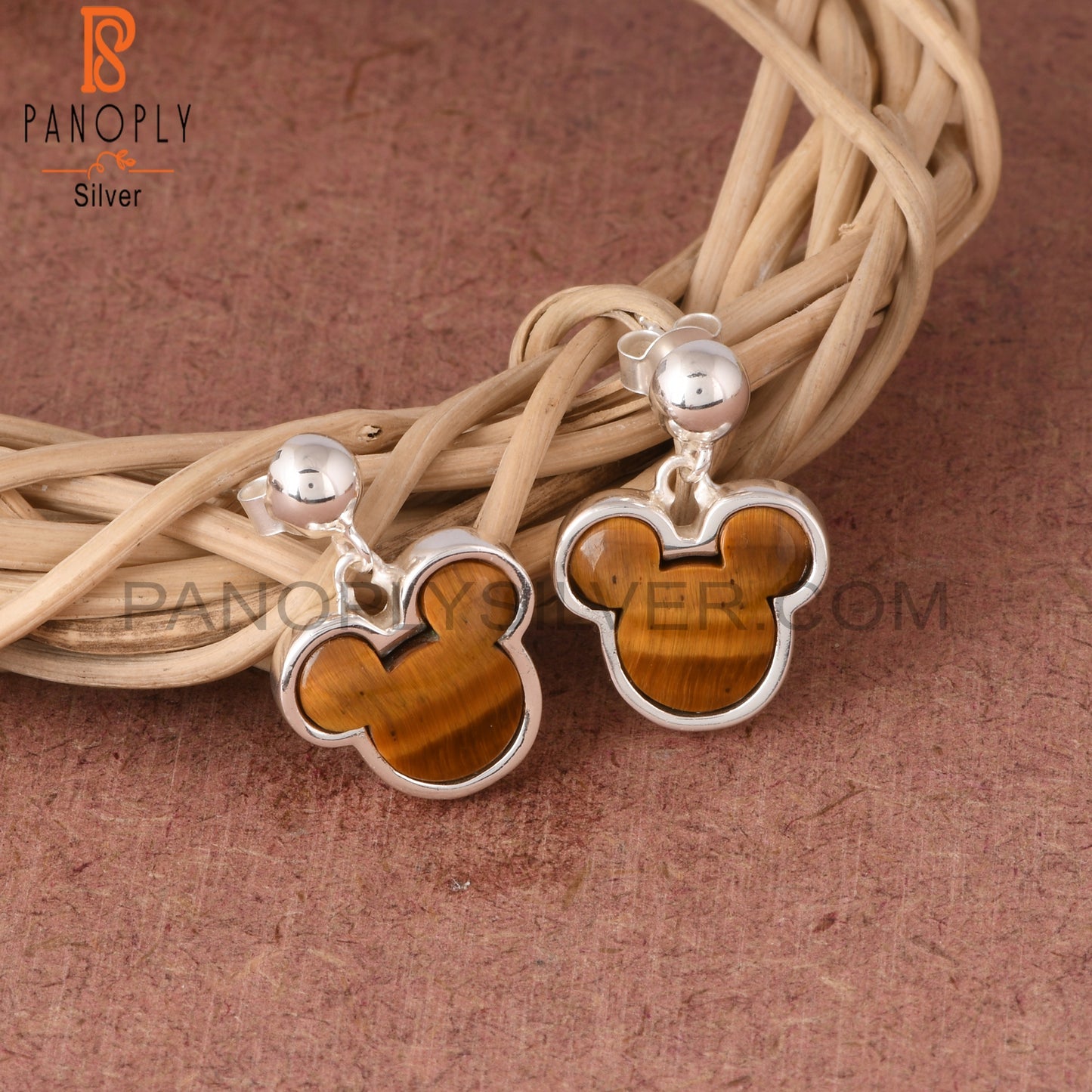 Tiger Eye Yellow Mouse Studs 925 Sterling Silver Earrings