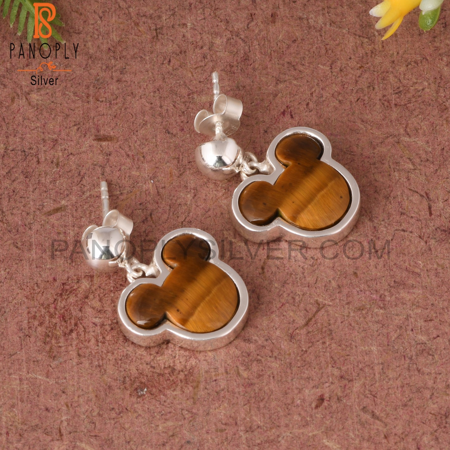 Tiger Eye Yellow Mouse Studs 925 Sterling Silver Earrings