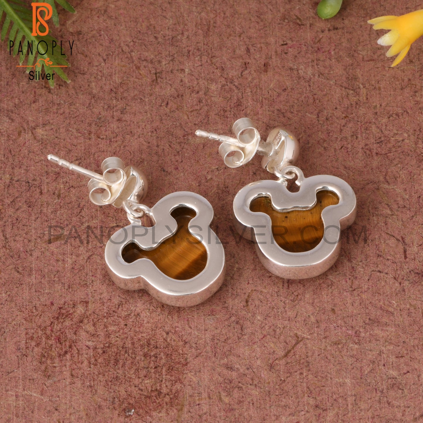 Tiger Eye Yellow Mouse Studs 925 Sterling Silver Earrings