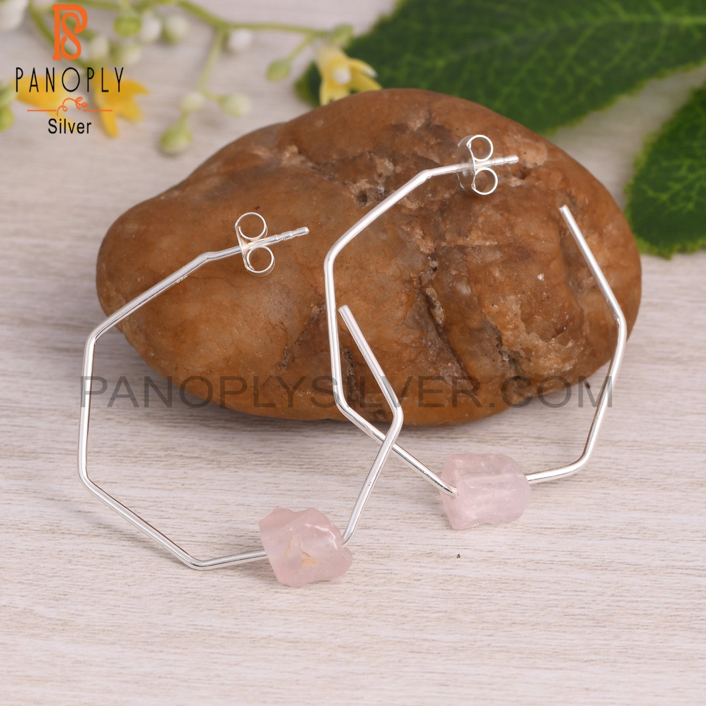 Rose Quartz Rough 925 Sterling Silver Octagaon Band Earrings