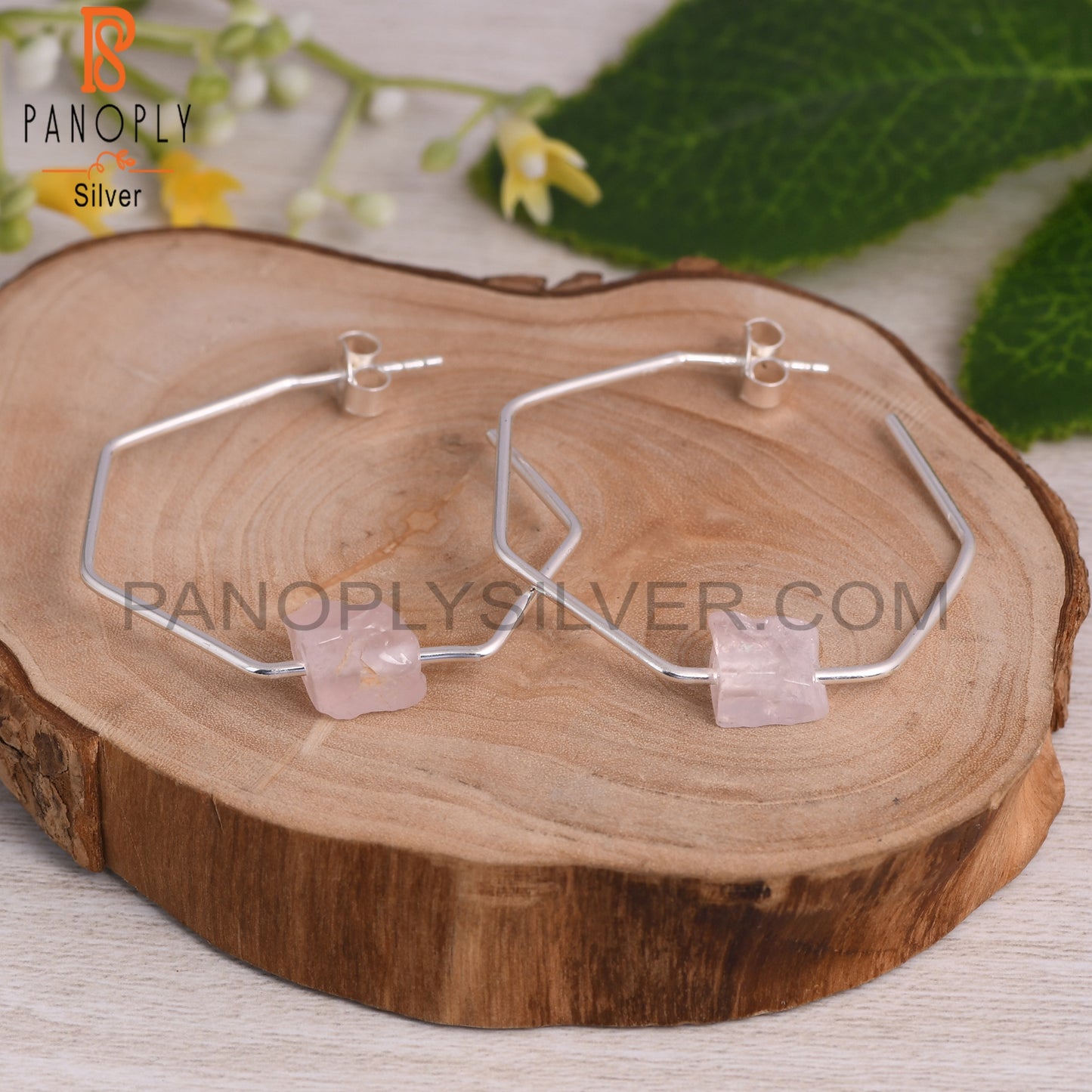 Rose Quartz Rough 925 Sterling Silver Octagaon Band Earrings
