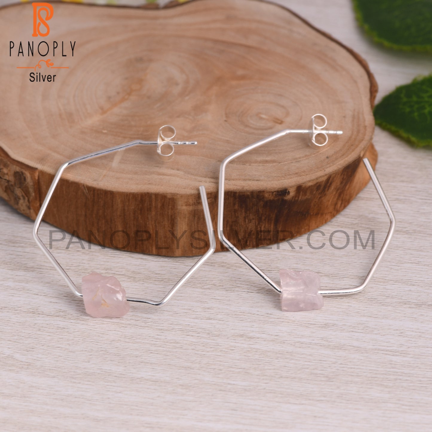 Rose Quartz Rough 925 Sterling Silver Octagaon Band Earrings