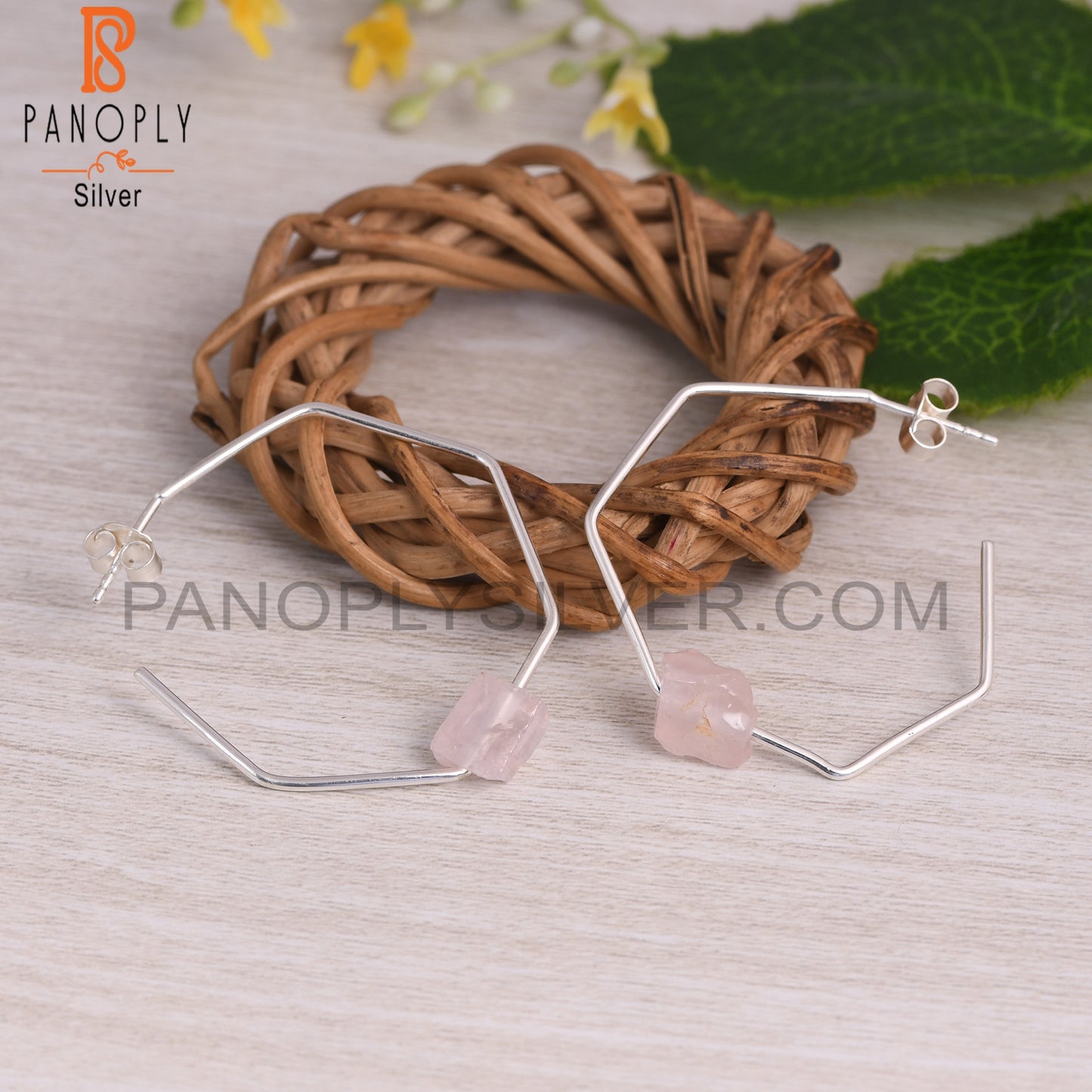 Rose Quartz Rough 925 Sterling Silver Octagaon Band Earrings