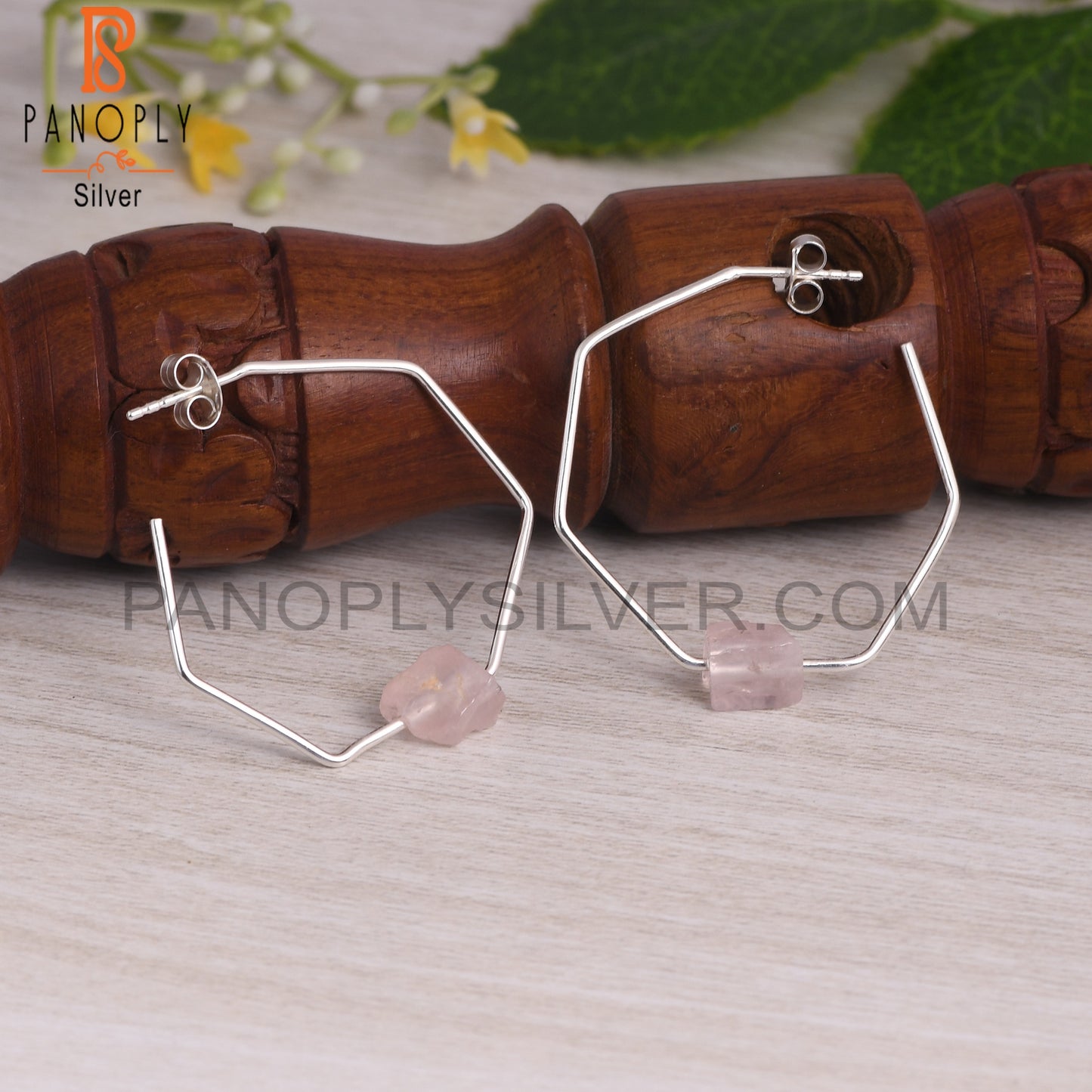 Rose Quartz Rough 925 Sterling Silver Octagaon Band Earrings