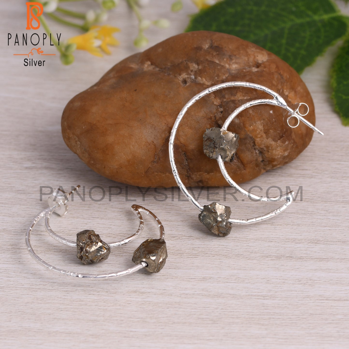 Pyrite Rough 925 Sterling Silver Moon Earrings