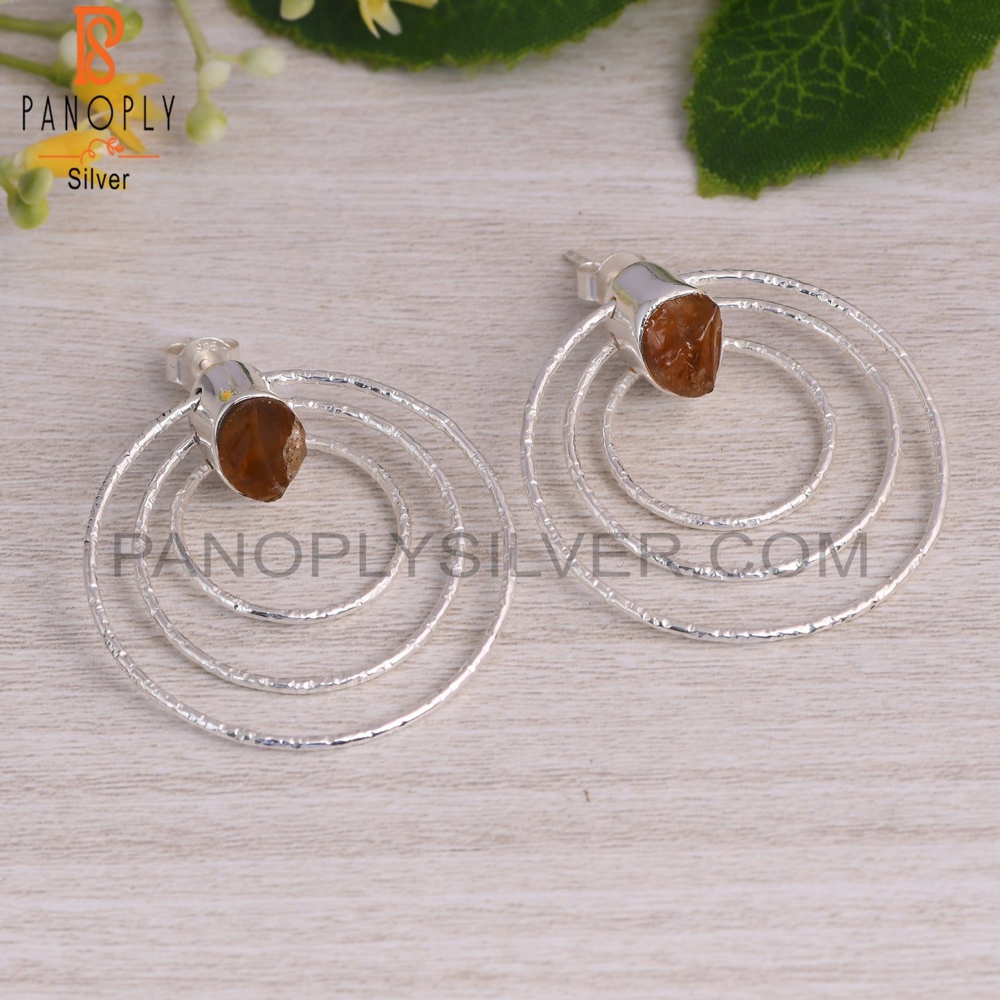 Citrine 925 Sterling Silver 3 Circle Round Party Earrings
