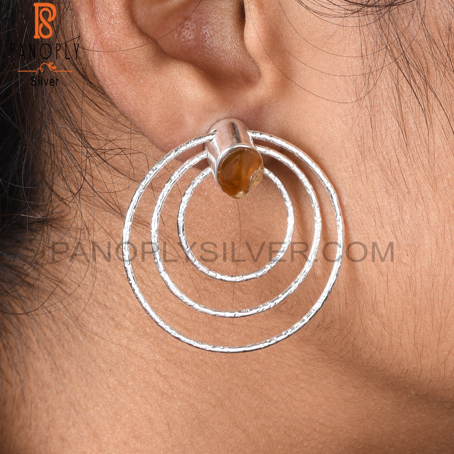 Citrine 925 Sterling Silver 3 Circle Round Party Earrings