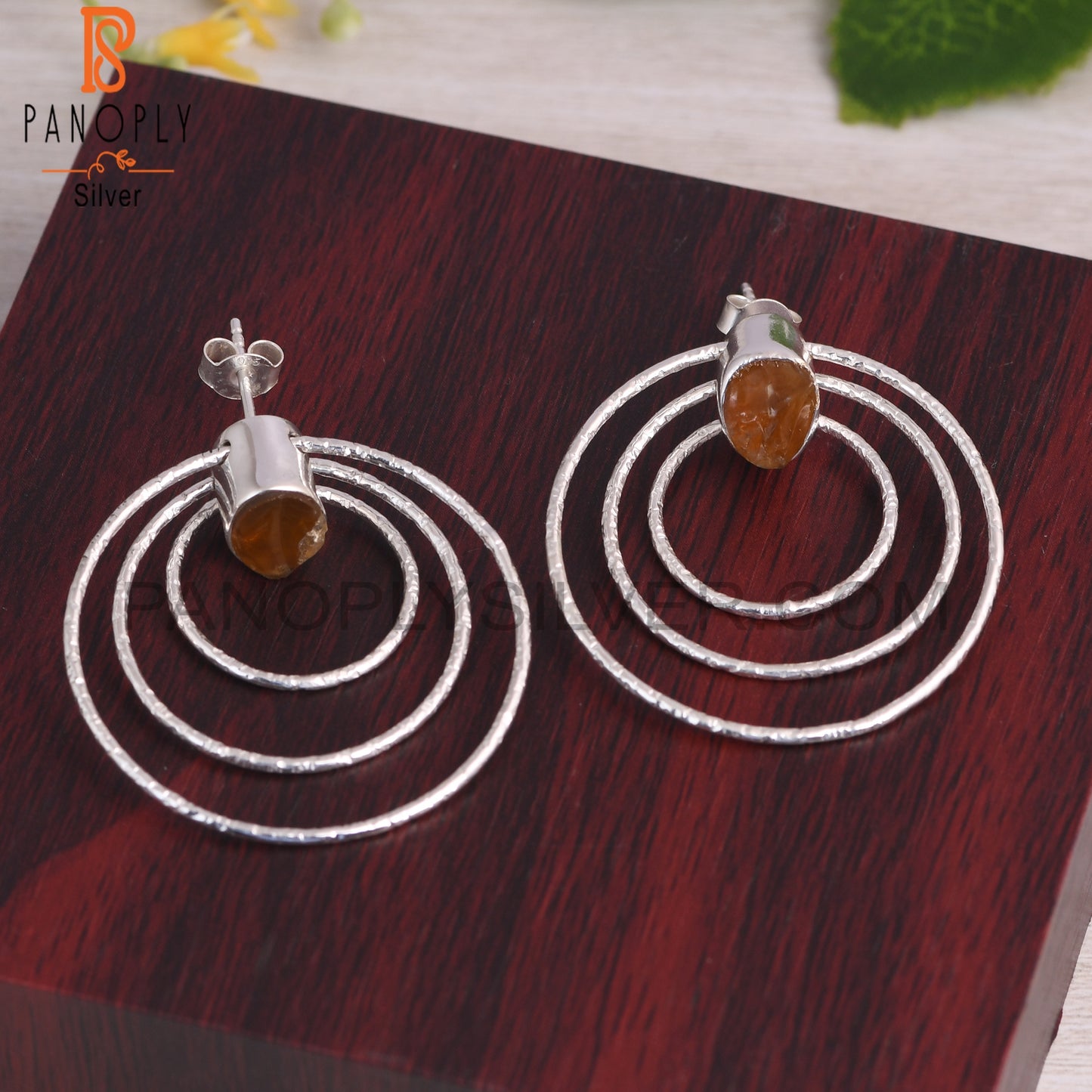 Citrine 925 Sterling Silver 3 Circle Round Party Earrings