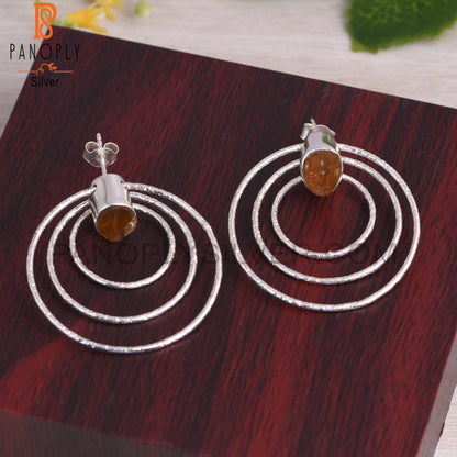 Citrine 925 Sterling Silver 3 Circle Round Party Earrings