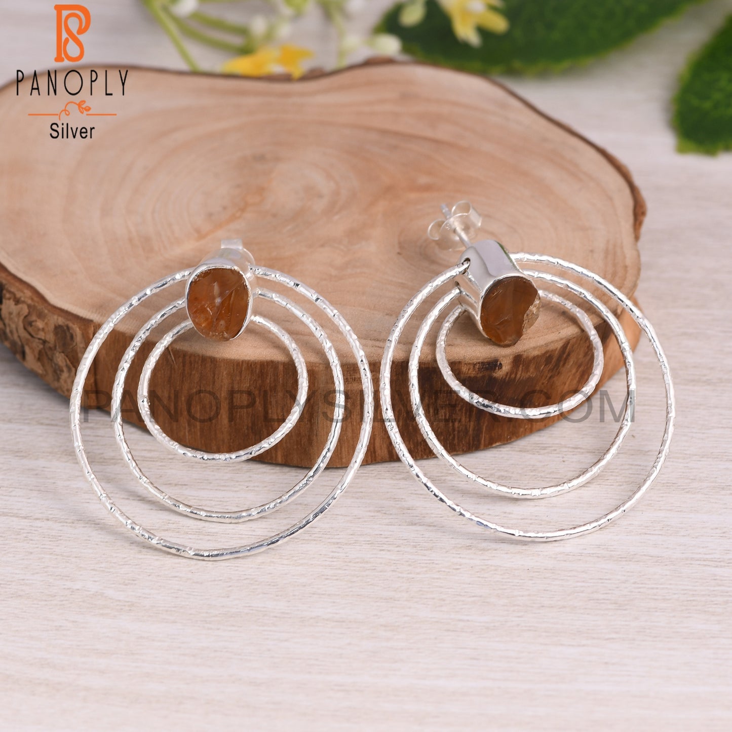 Citrine 925 Sterling Silver 3 Circle Round Party Earrings