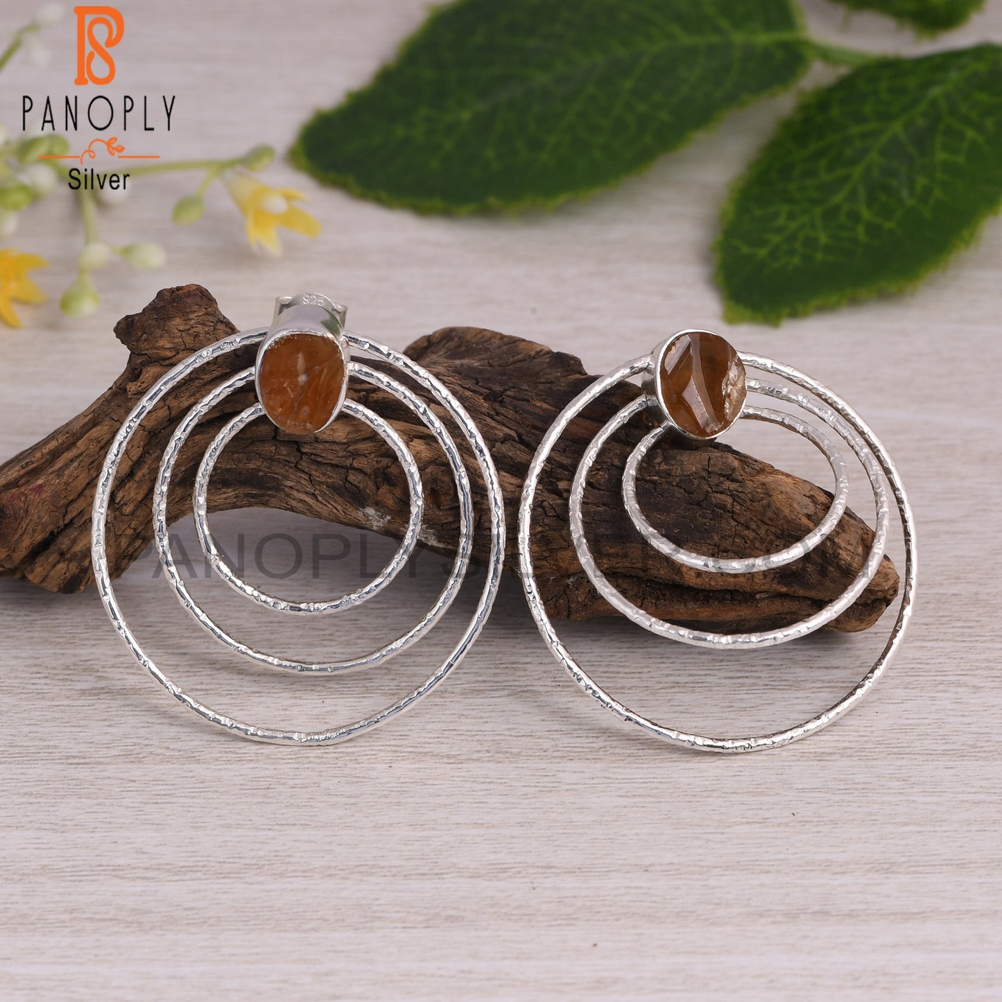Citrine 925 Sterling Silver 3 Circle Round Party Earrings
