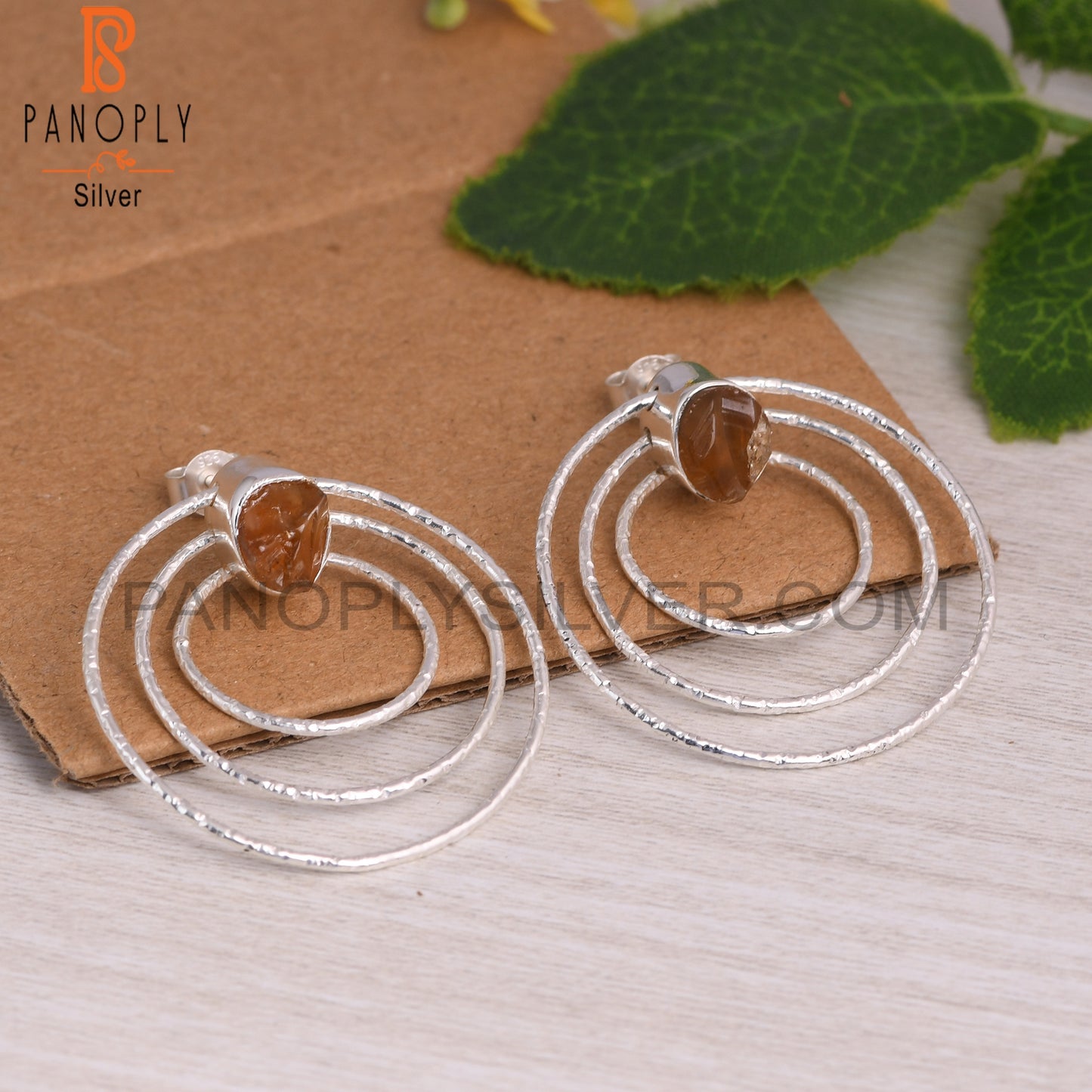 Citrine 925 Sterling Silver 3 Circle Round Party Earrings