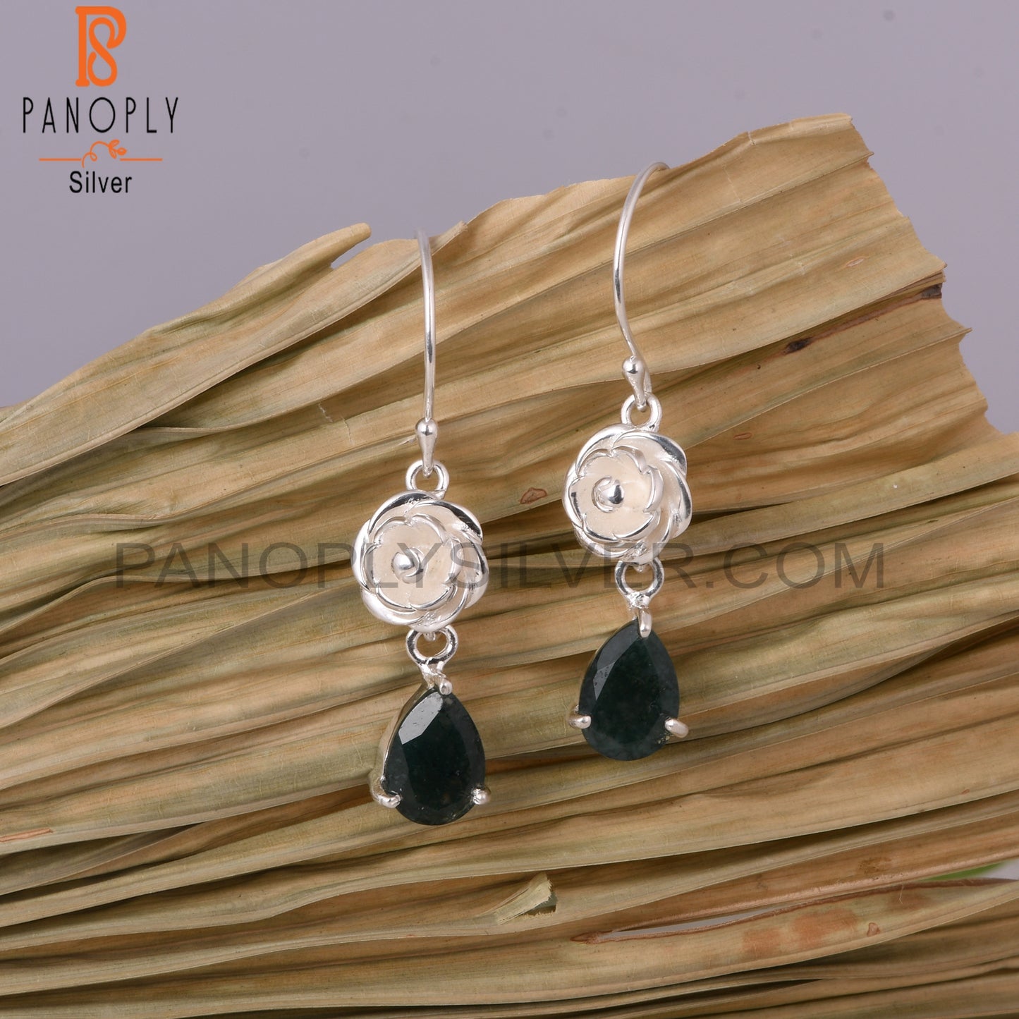 Moss Agate Pear 925 Sterling Silver Earrings