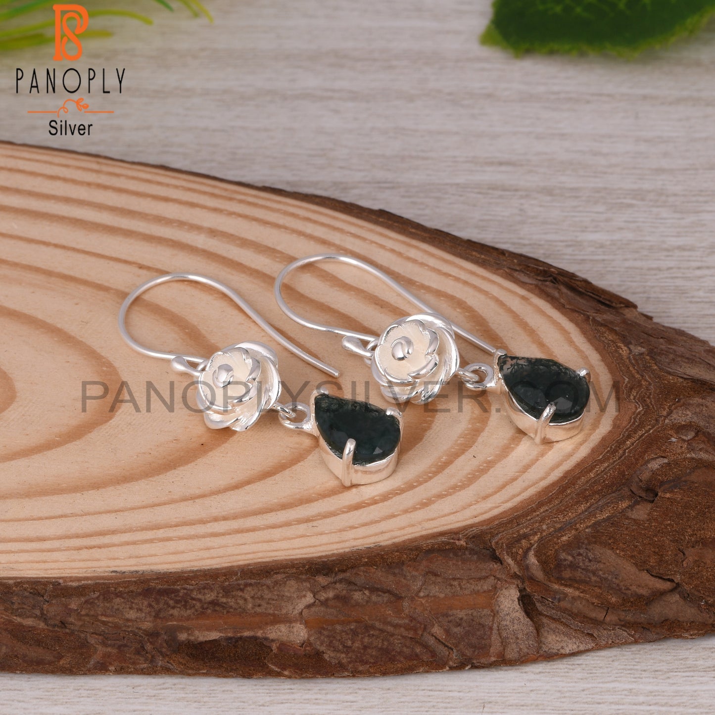 Moss Agate Pear 925 Sterling Silver Earrings