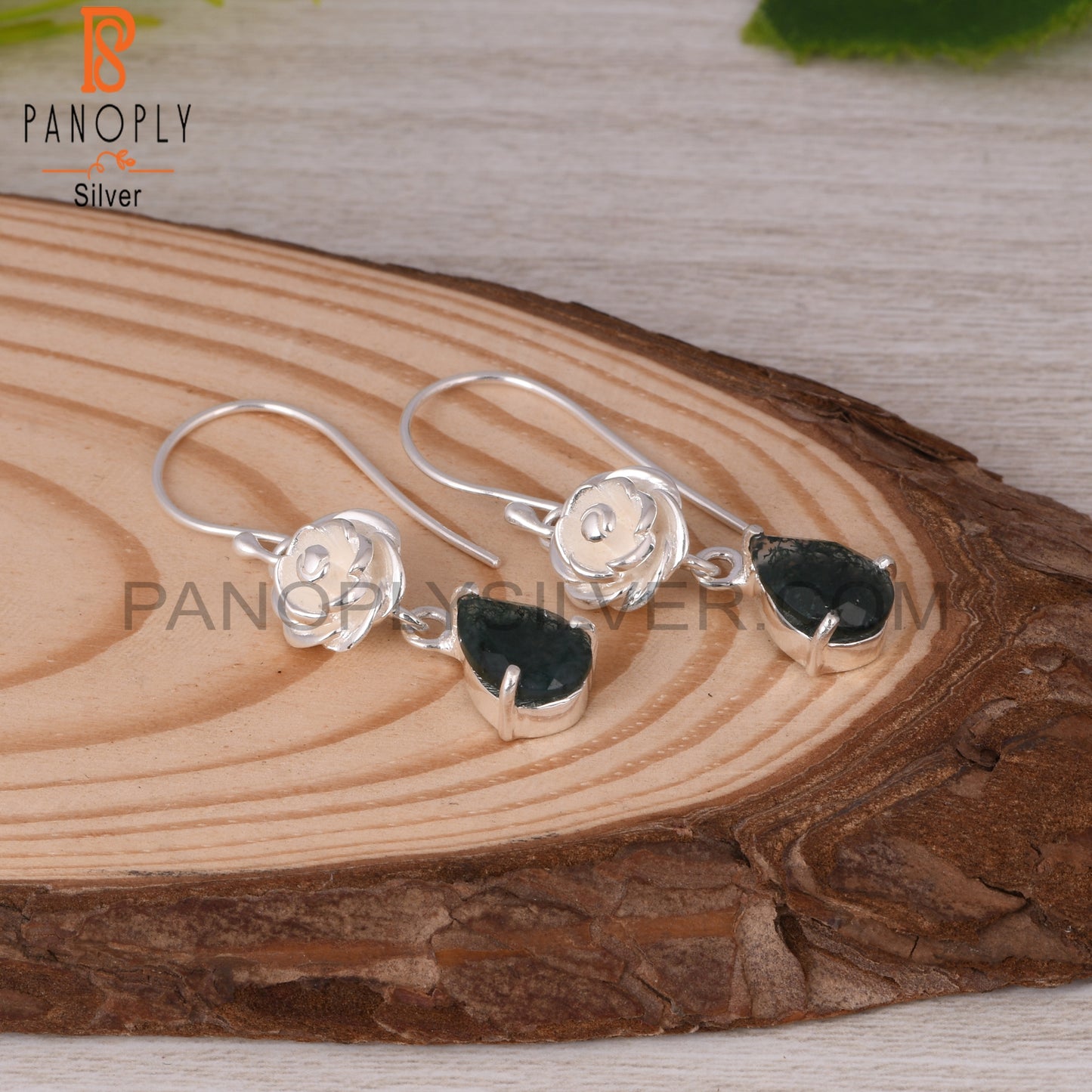 Moss Agate Pear 925 Sterling Silver Earrings