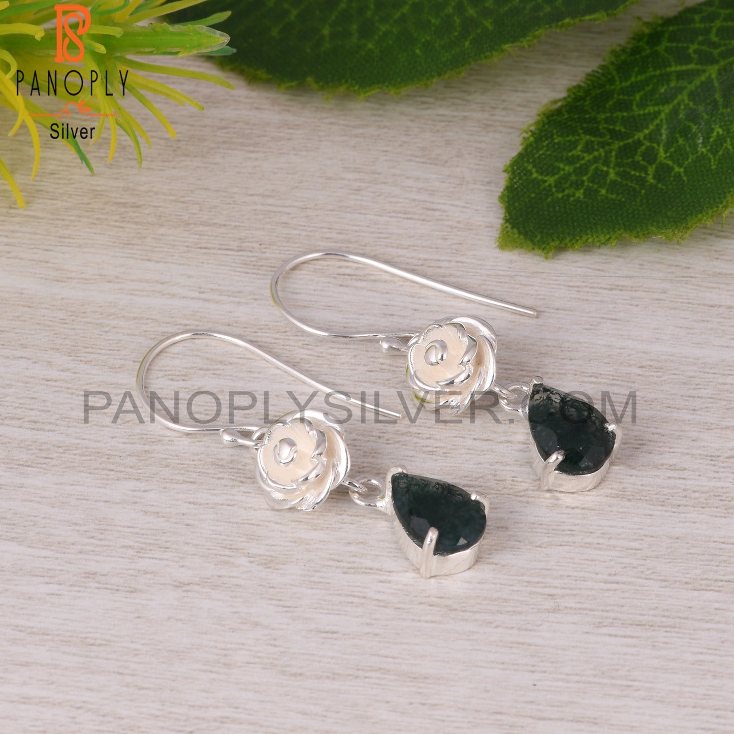 Moss Agate Pear 925 Sterling Silver Earrings