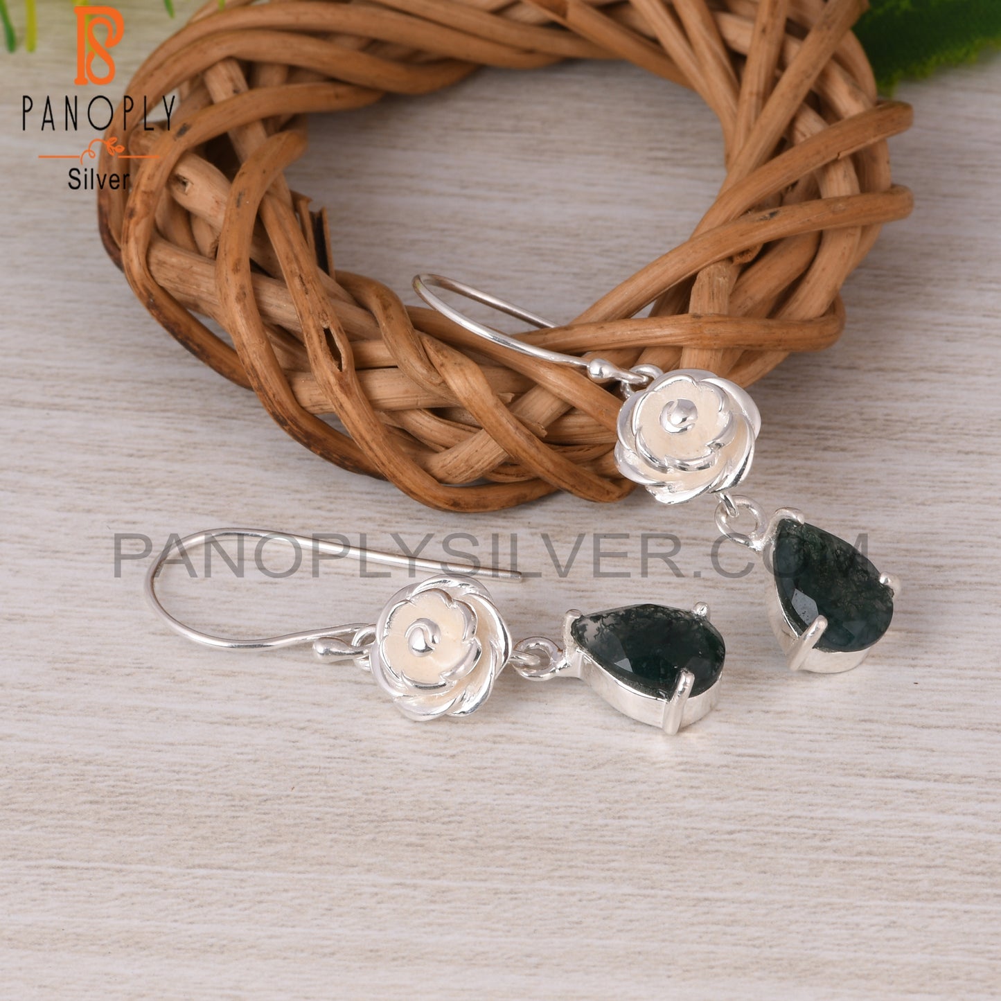 Moss Agate Pear 925 Sterling Silver Earrings