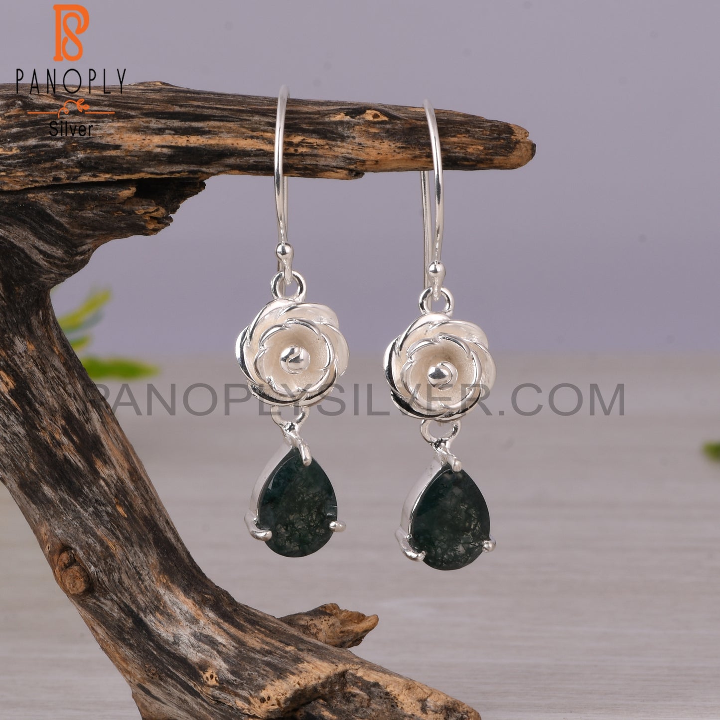 Moss Agate Pear 925 Sterling Silver Earrings