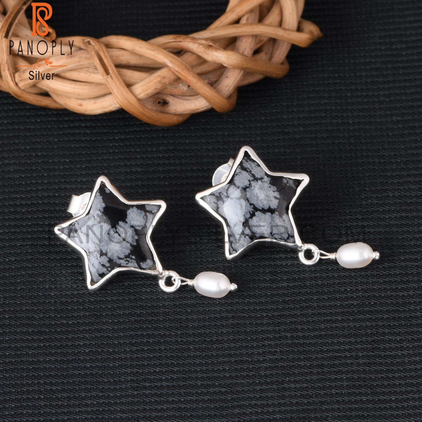 Snowflake Obsidian & Pearl 925 Sterling Silver Star Earrings