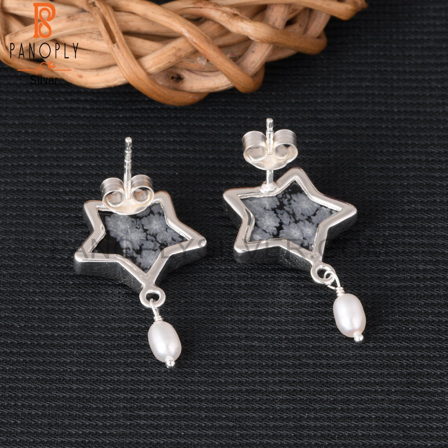 Snowflake Obsidian & Pearl 925 Sterling Silver Star Earrings