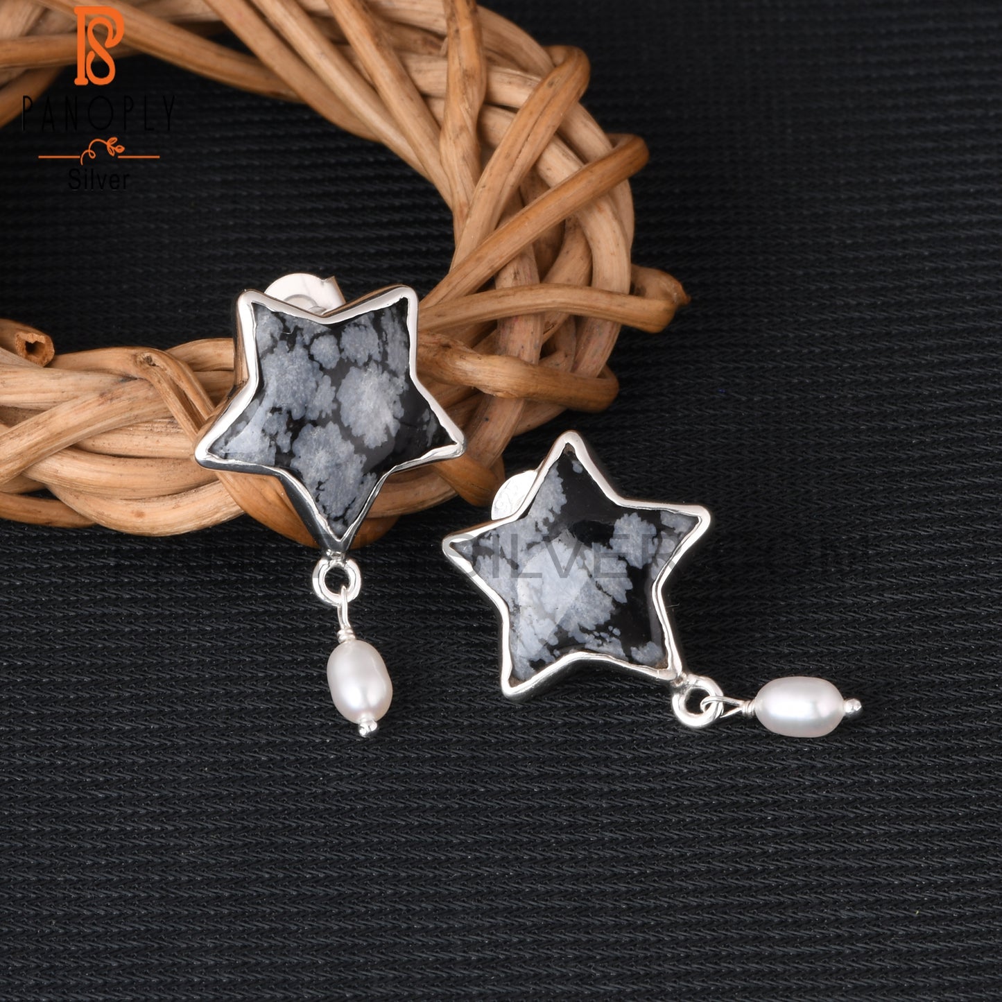 Snowflake Obsidian & Pearl 925 Sterling Silver Star Earrings