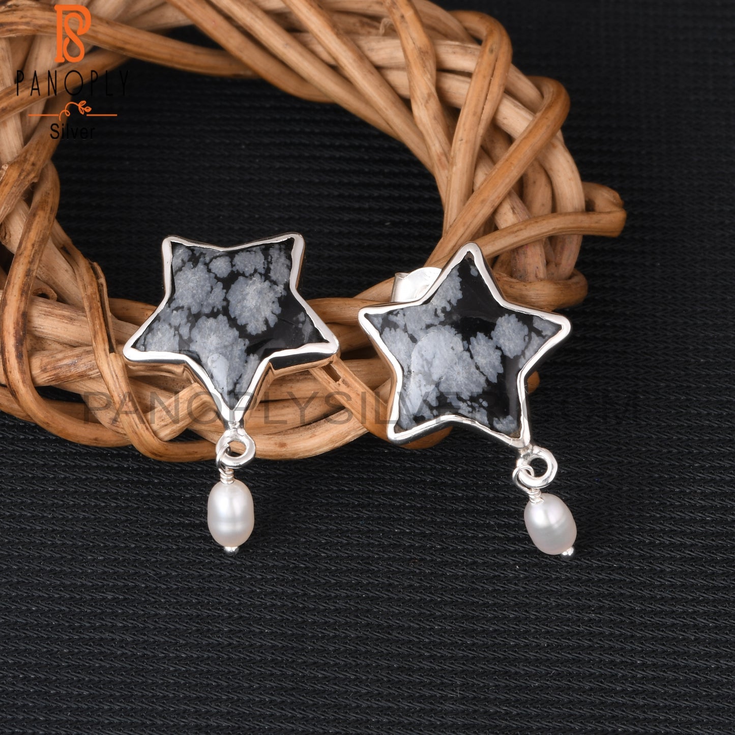 Snowflake Obsidian & Pearl 925 Sterling Silver Star Earrings