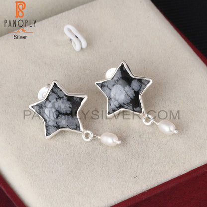 Snowflake Obsidian & Pearl 925 Sterling Silver Star Earrings