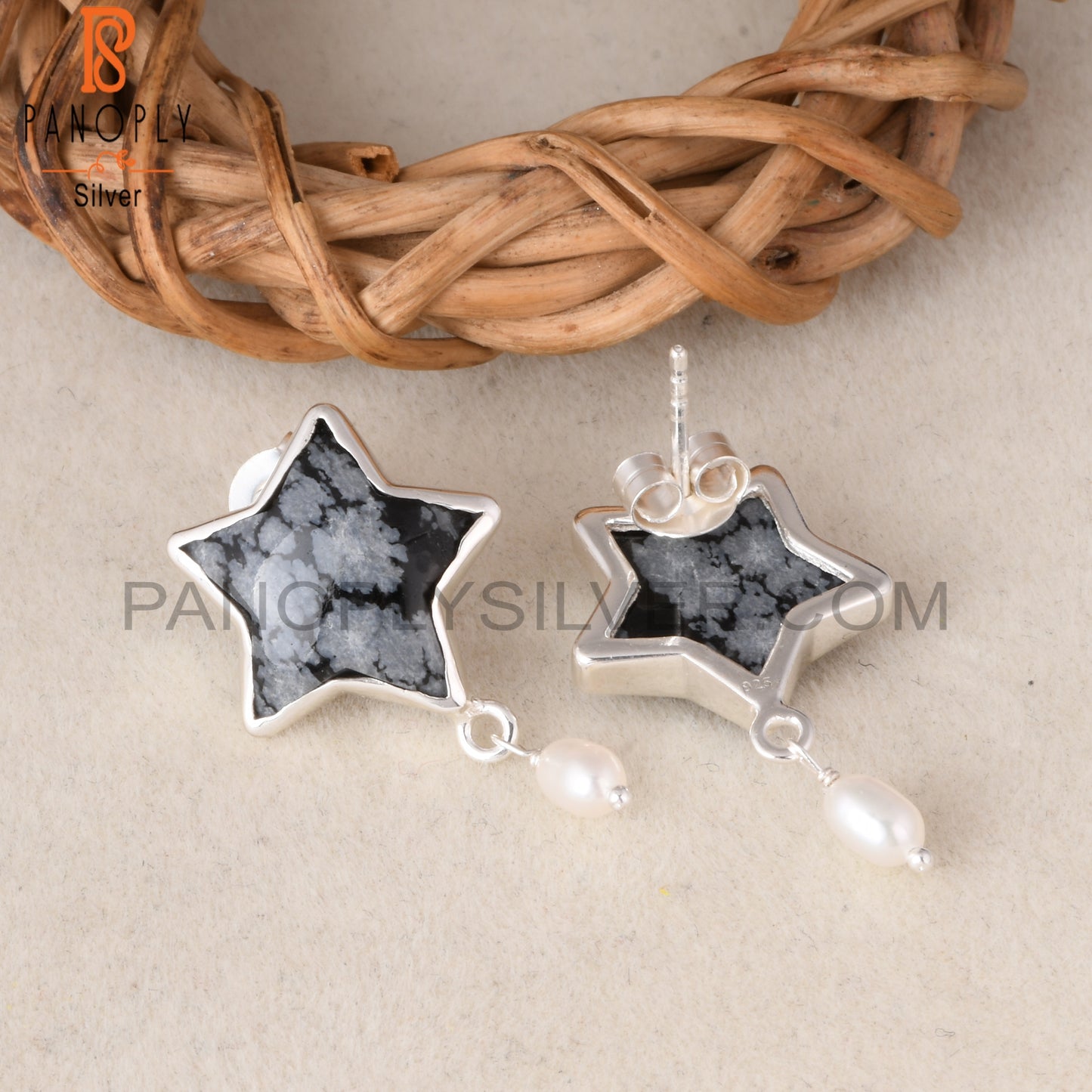 Snowflake Obsidian & Pearl 925 Sterling Silver Star Earrings
