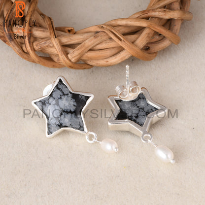 Snowflake Obsidian & Pearl 925 Sterling Silver Star Earrings