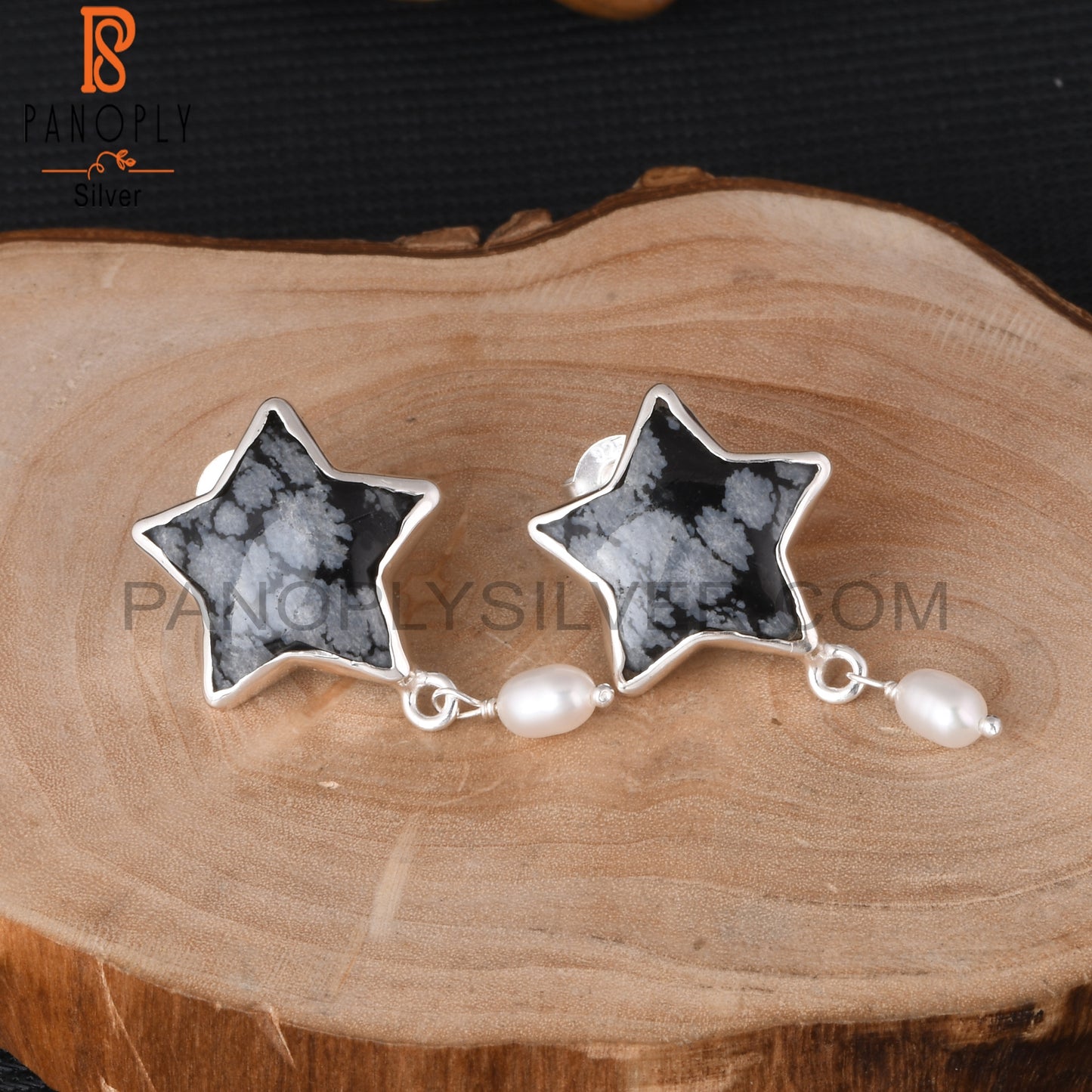 Snowflake Obsidian & Pearl 925 Sterling Silver Star Earrings
