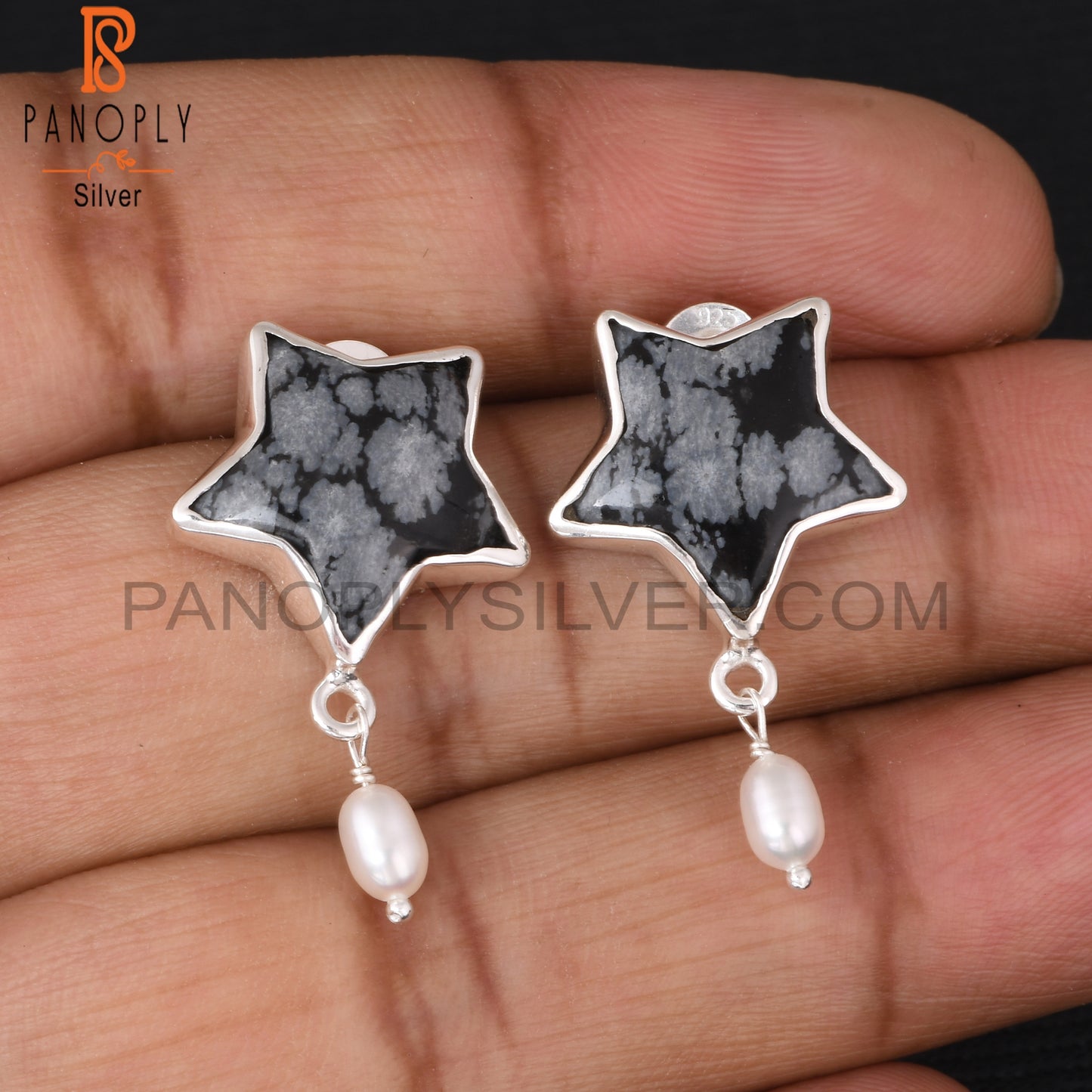 Snowflake Obsidian & Pearl 925 Sterling Silver Star Earrings