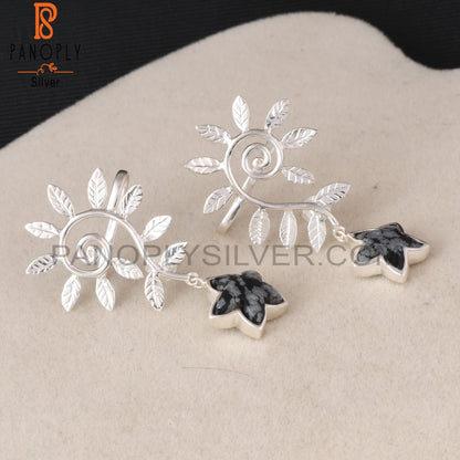 Snowflake Obsidian Moonflower 925 Silver Leaf Earrings