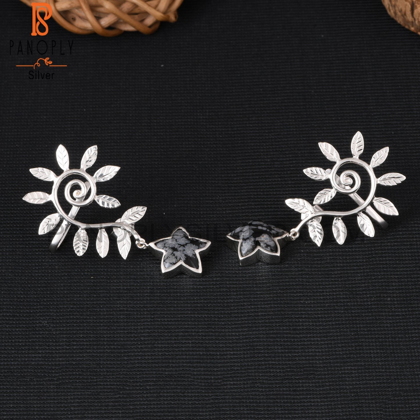 Snowflake Obsidian Moonflower 925 Silver Leaf Earrings