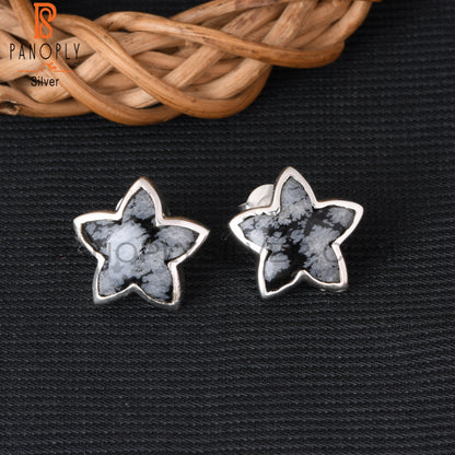 Snowflake Obsidian Moonflower 925 Silver Stud Earrings
