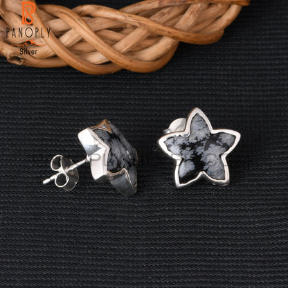 Snowflake Obsidian Moonflower 925 Silver Stud Earrings