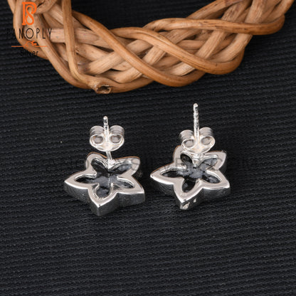 Snowflake Obsidian Moonflower 925 Silver Stud Earrings
